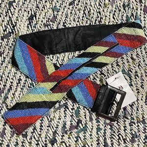 Raj Womens Beaded Leather Belt Size 30 Multicolor Diagonal Stripe Boho Artisanal